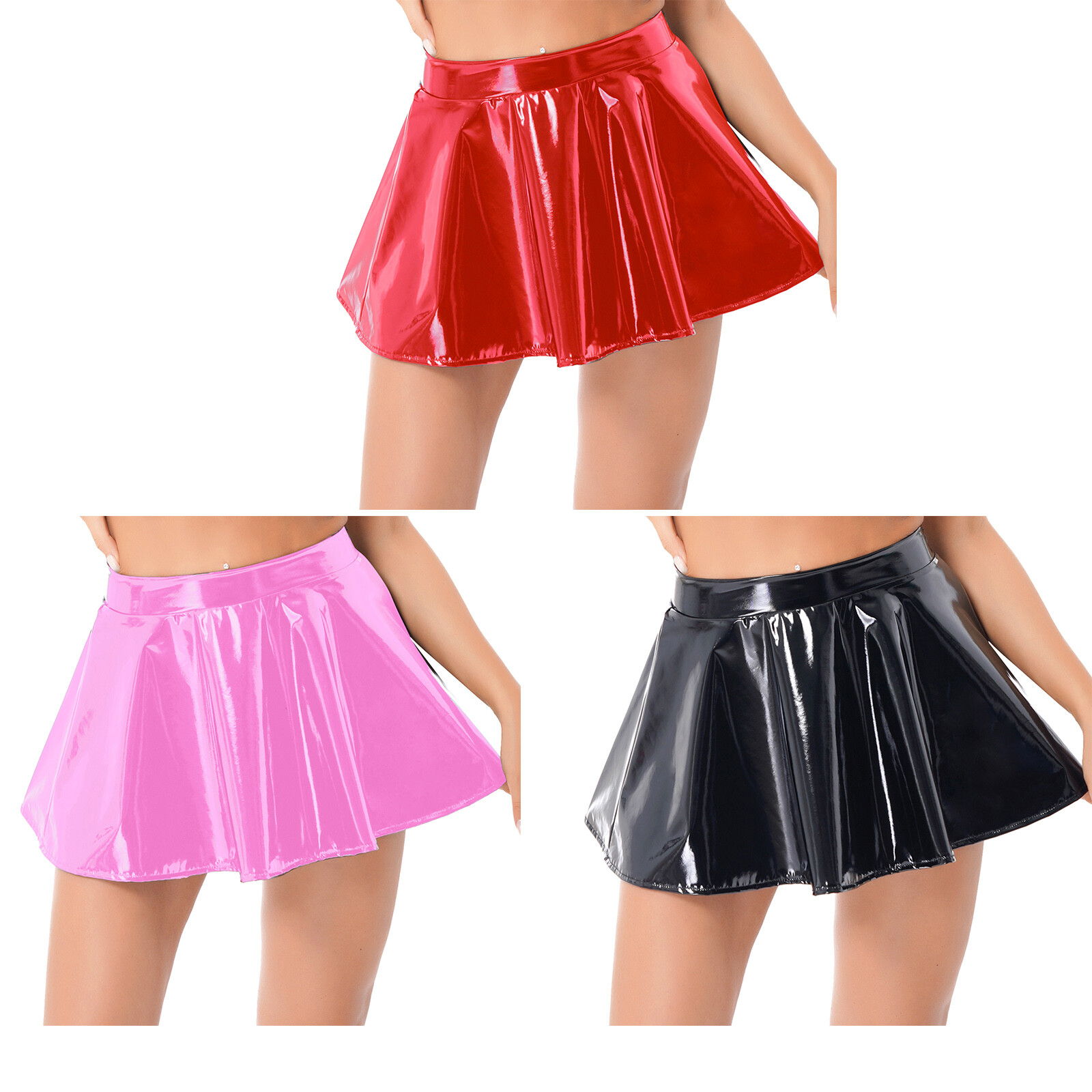 US Women PVC Leather Wet Look Flared Pleated Mini Skater Skirts A-Line Skirts