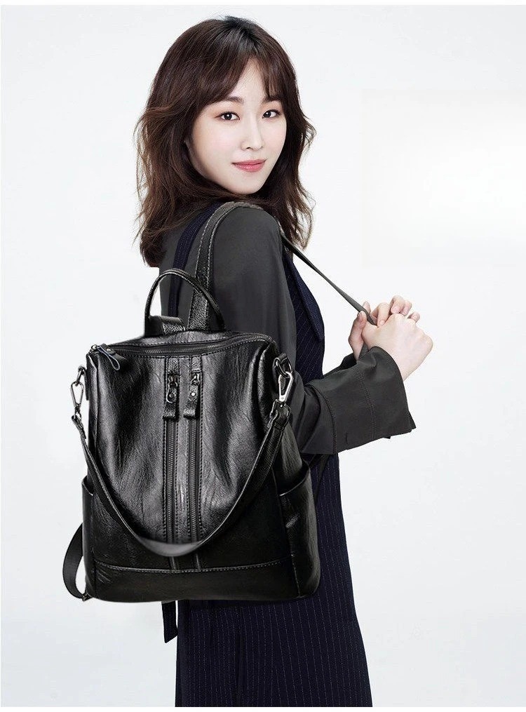 Women Black Soft Leather Backpack Multifunctional College School Travel Bag Free