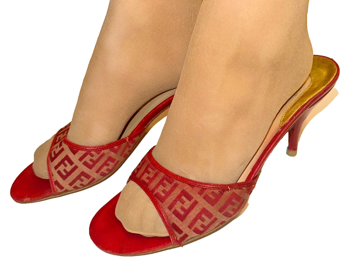 Fendi Red Monogram Zucca Canvas Mules Vintage Clogs Size 39