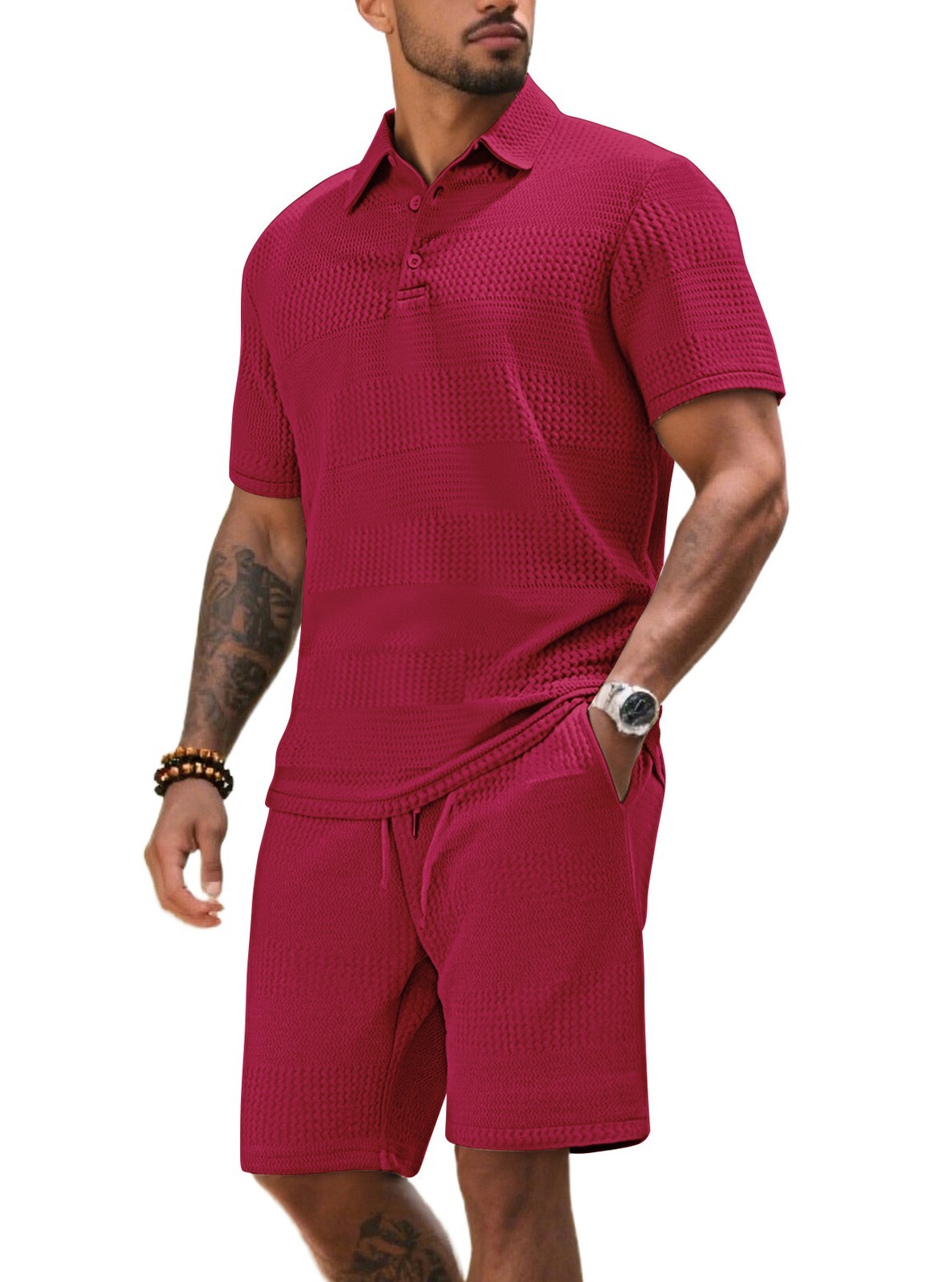 Men Waffle Knit Shorts Set Casual Summer 2 Piece Tracksuit Matching