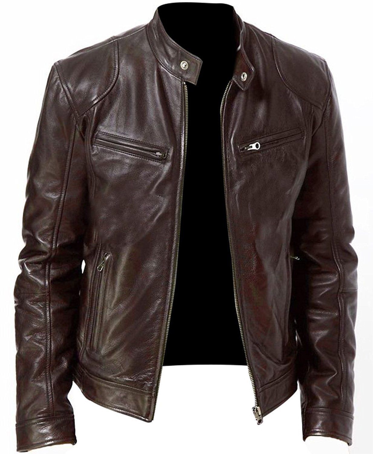 Cafe Racer Biker Leather Jacket Black & Brown Soft Sheep Skin Leather