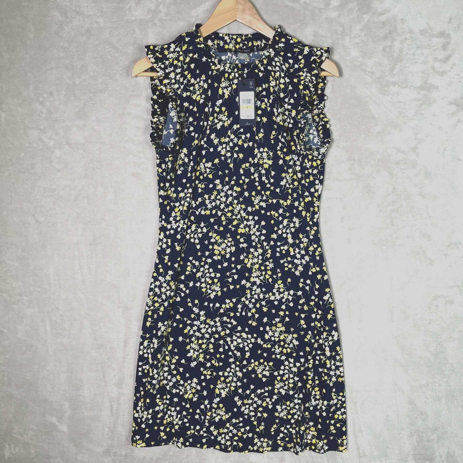 Tommy Hilfiger Shift Dress 4 Blue Yellow Floral Feminine Ruffle Neck Sundress