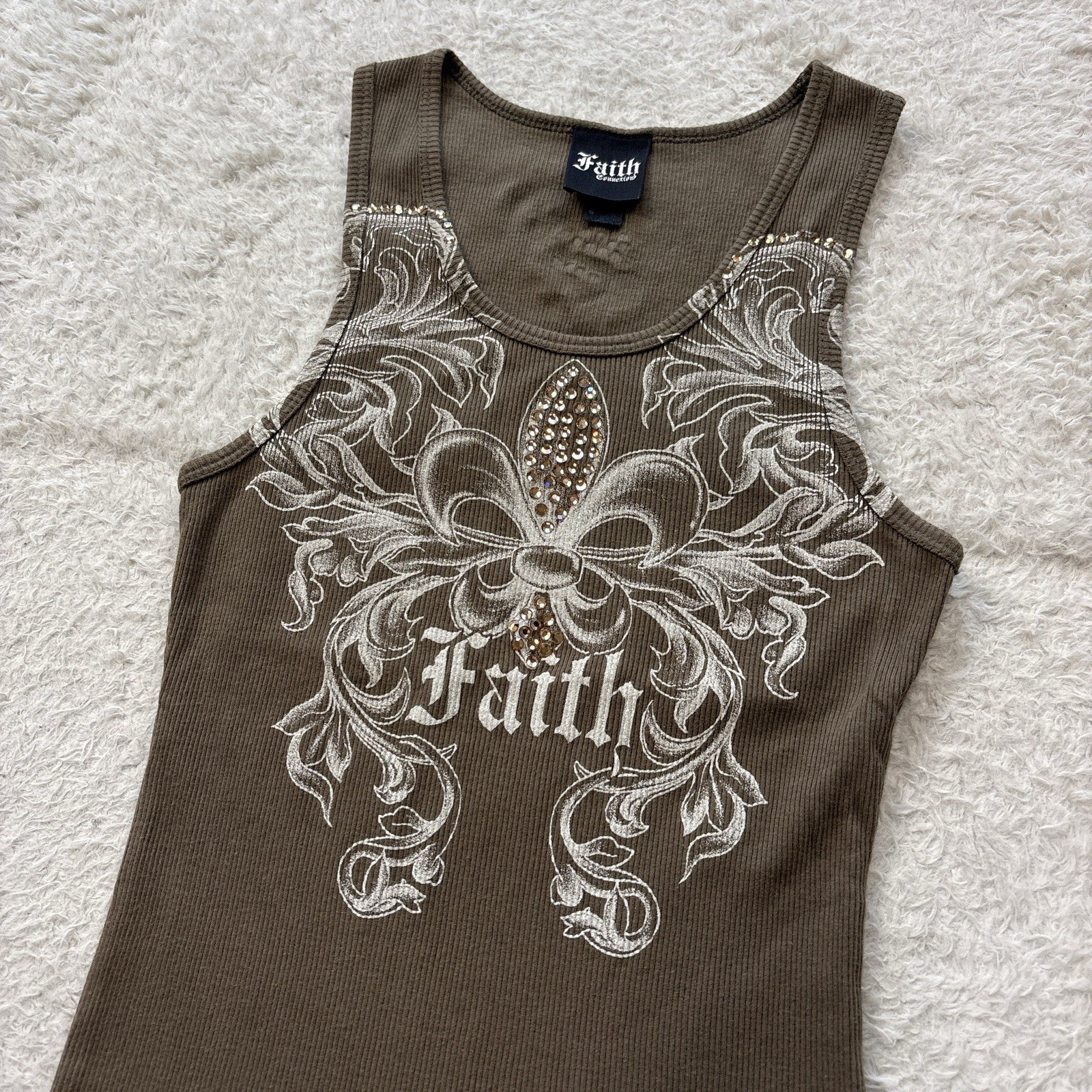 Y2K Faith Cross Tattoo Print Tank Top Rhinestone 00s khaki