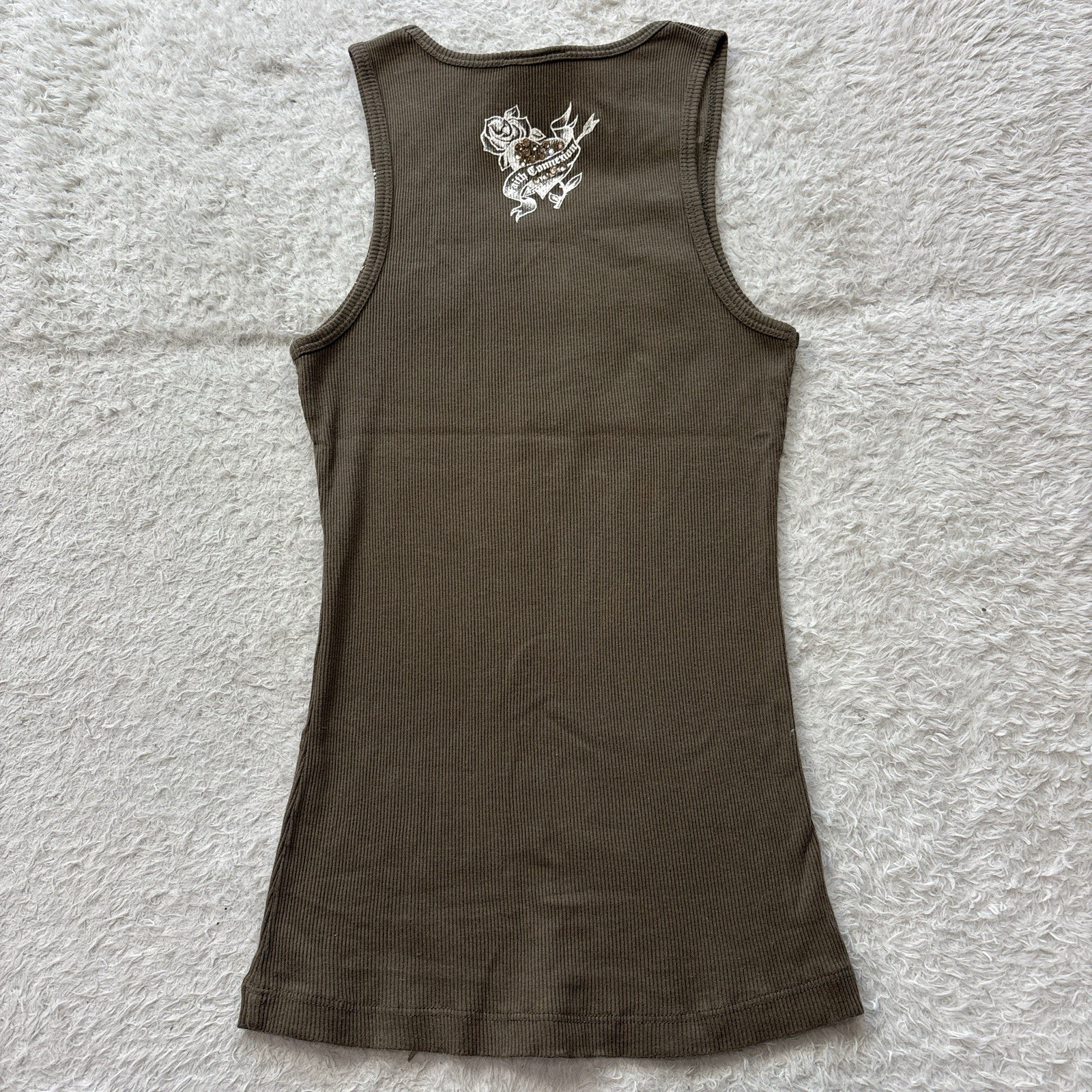 Y2K Faith Cross Tattoo Print Tank Top Rhinestone 00s khaki