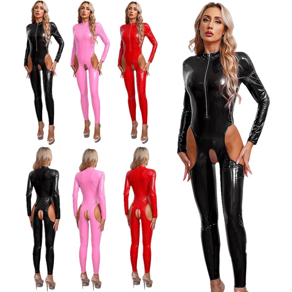 Women’s Rompers PVC Catsuit Zipper Bodysuit Crotchless Jumpsuit Workout Shiny