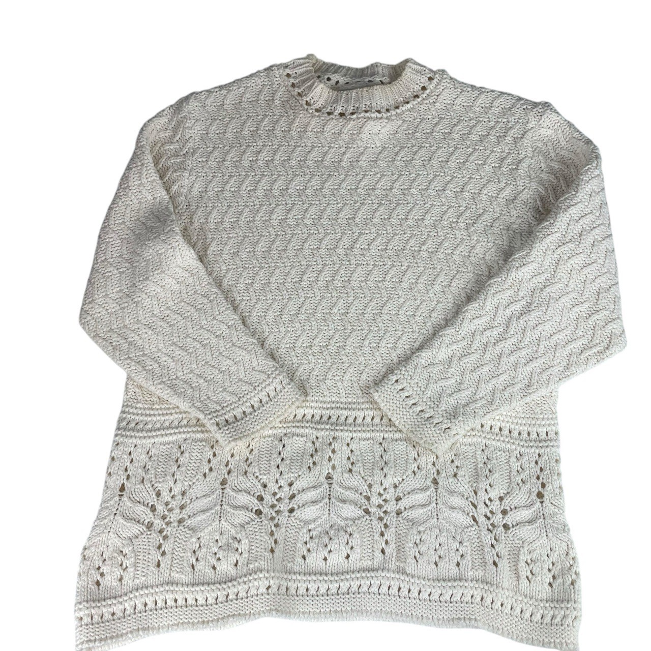 Coldwater Creek Cream Fisherman Knit Sweater Cotton Blend Crew Neck Large