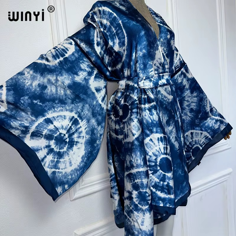 Printed Kimono with Belt African Boho Dress Beach Wear Holiday Silky Robe Beach