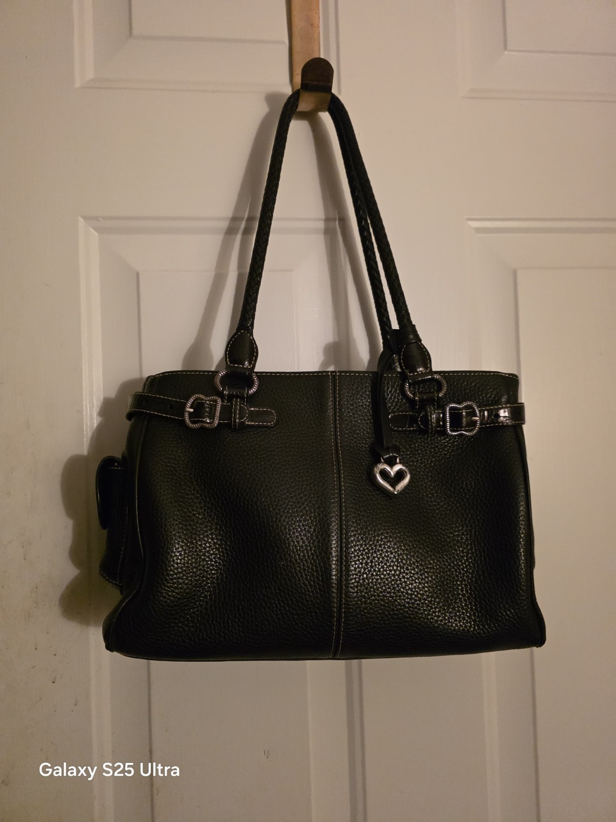 Brighton Suzette Black Pebbled Leather Shoulder Bag w/2 Braided Handles .