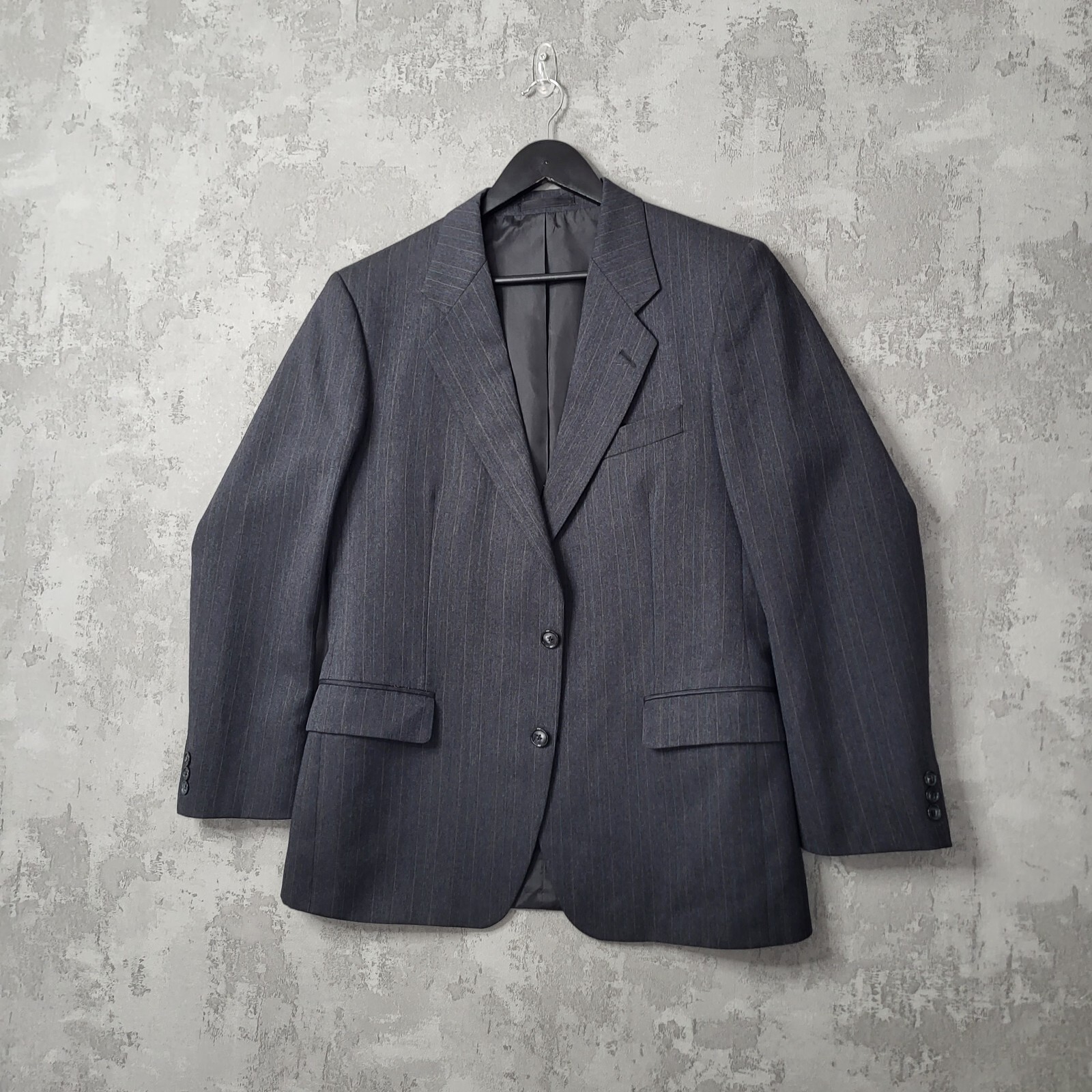St. Michael Blazer Men’s 40S Grey Wool Striped Double-Vented Notch Lapel Jacket
