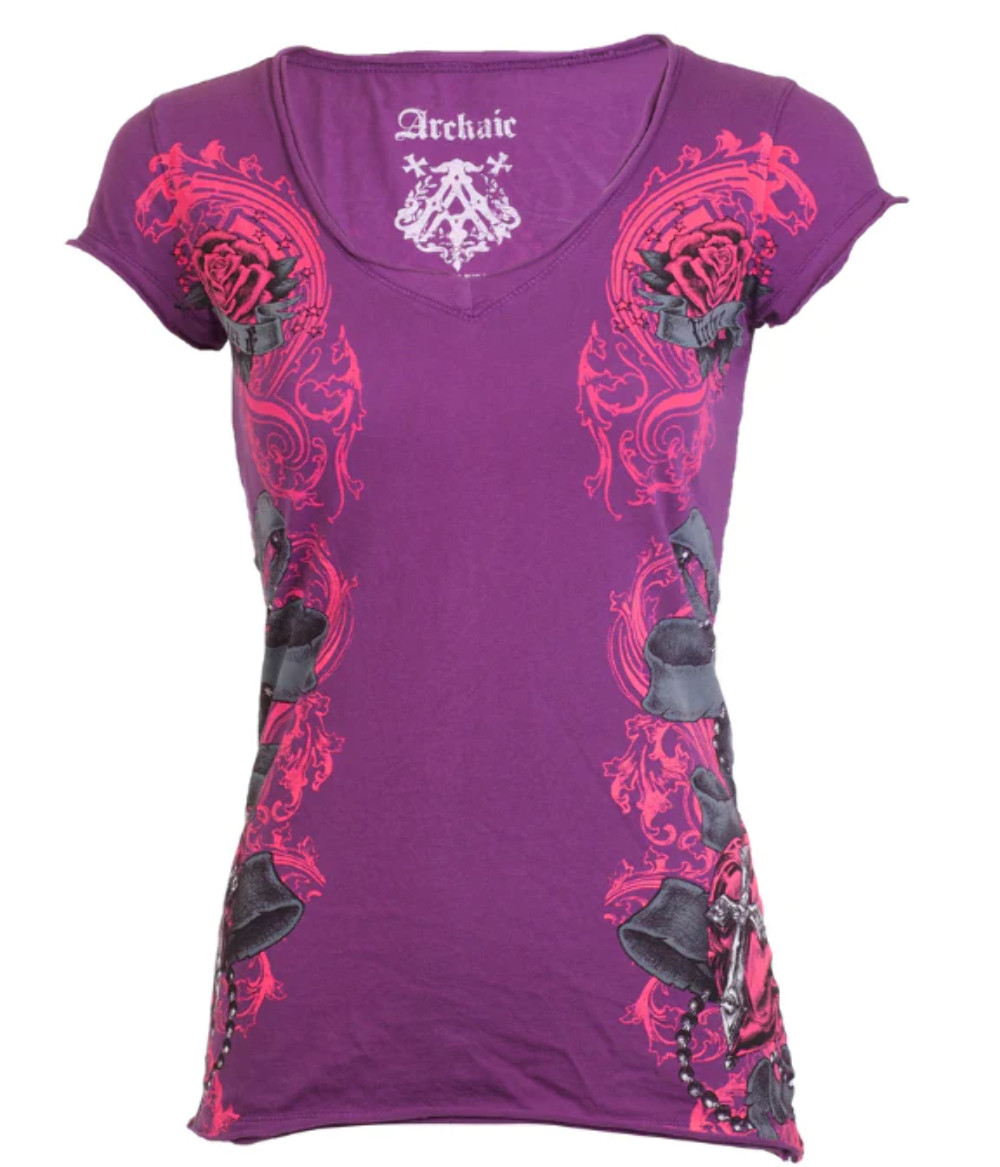 Archaic by Affliction Women’s T-shirt Happy Spirit Biker Tattoo