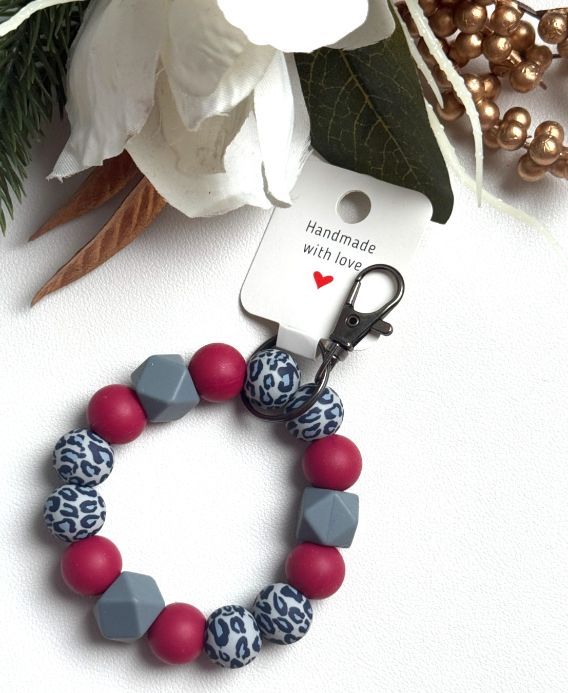 Silicone Beaded Keychain Wristlet Bracelet Fusion Leopard