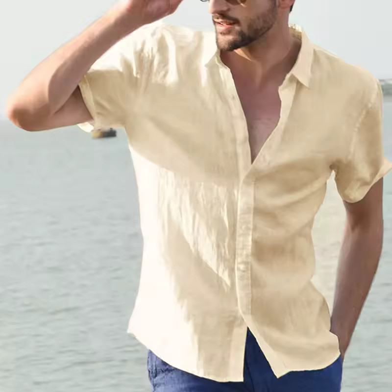 Men’s Summer Cotton Linen Short Sleeve Shirt Casual Solid Button-Down M-3XL
