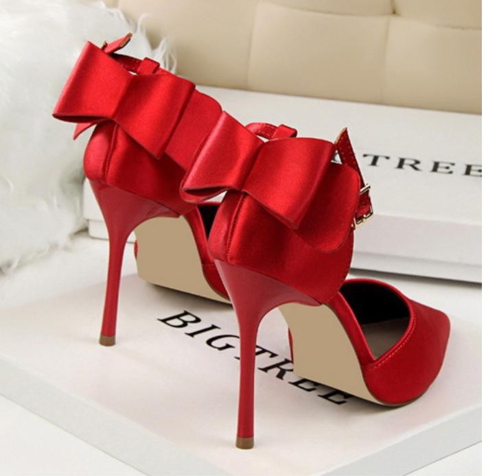Chic Womens Faux Satin Sandals Bowknot High Heels Pointed Toe Casual Dress Shoes