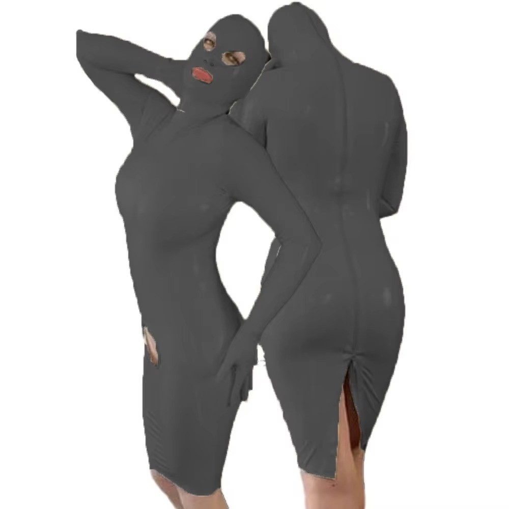 Masked Hooded Long Slevees Dress PVC Leather Dress with Zipper Cosplay Costume