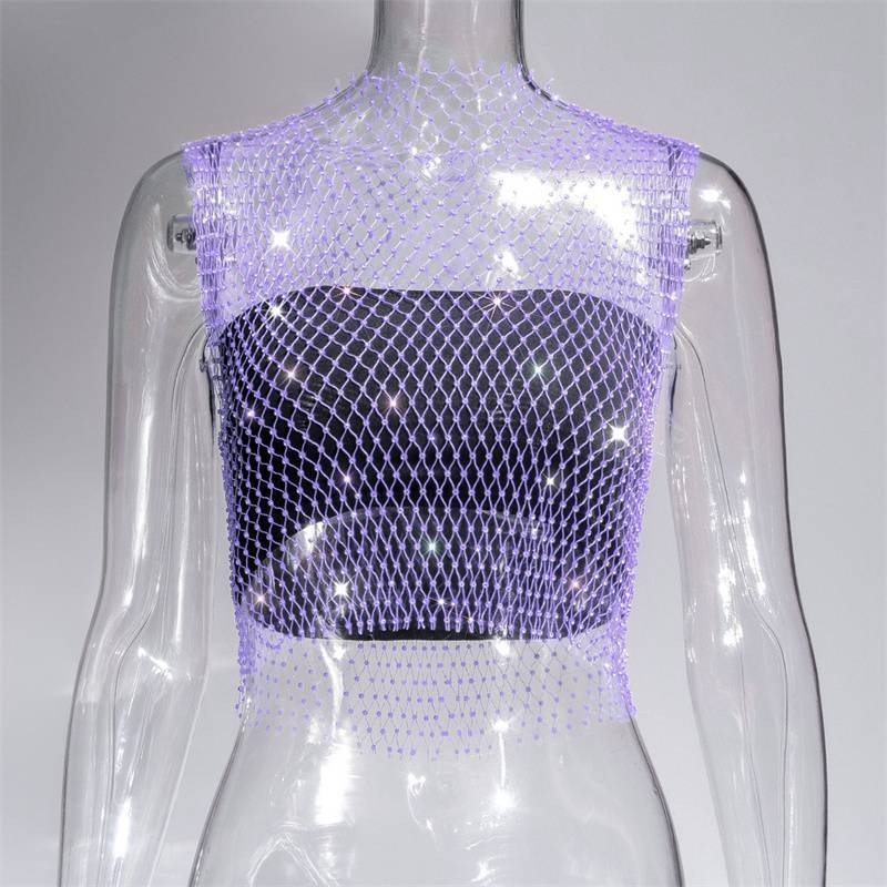 Summer Rhinestones Backless Leqoel Sexy Mesh Fashion See Through Tank Hollow