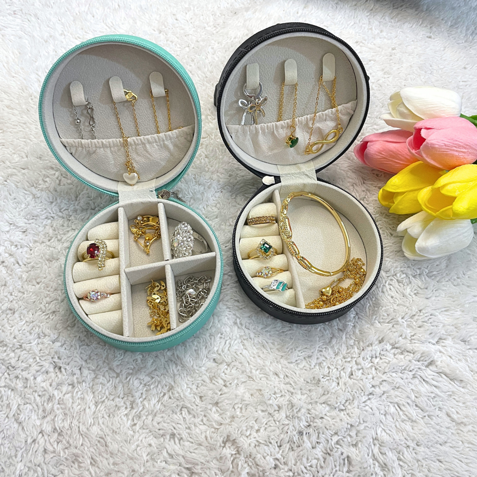 Personalized Round Jewelry Box Custom Name Birth Flower Bridesmaid Gift Case