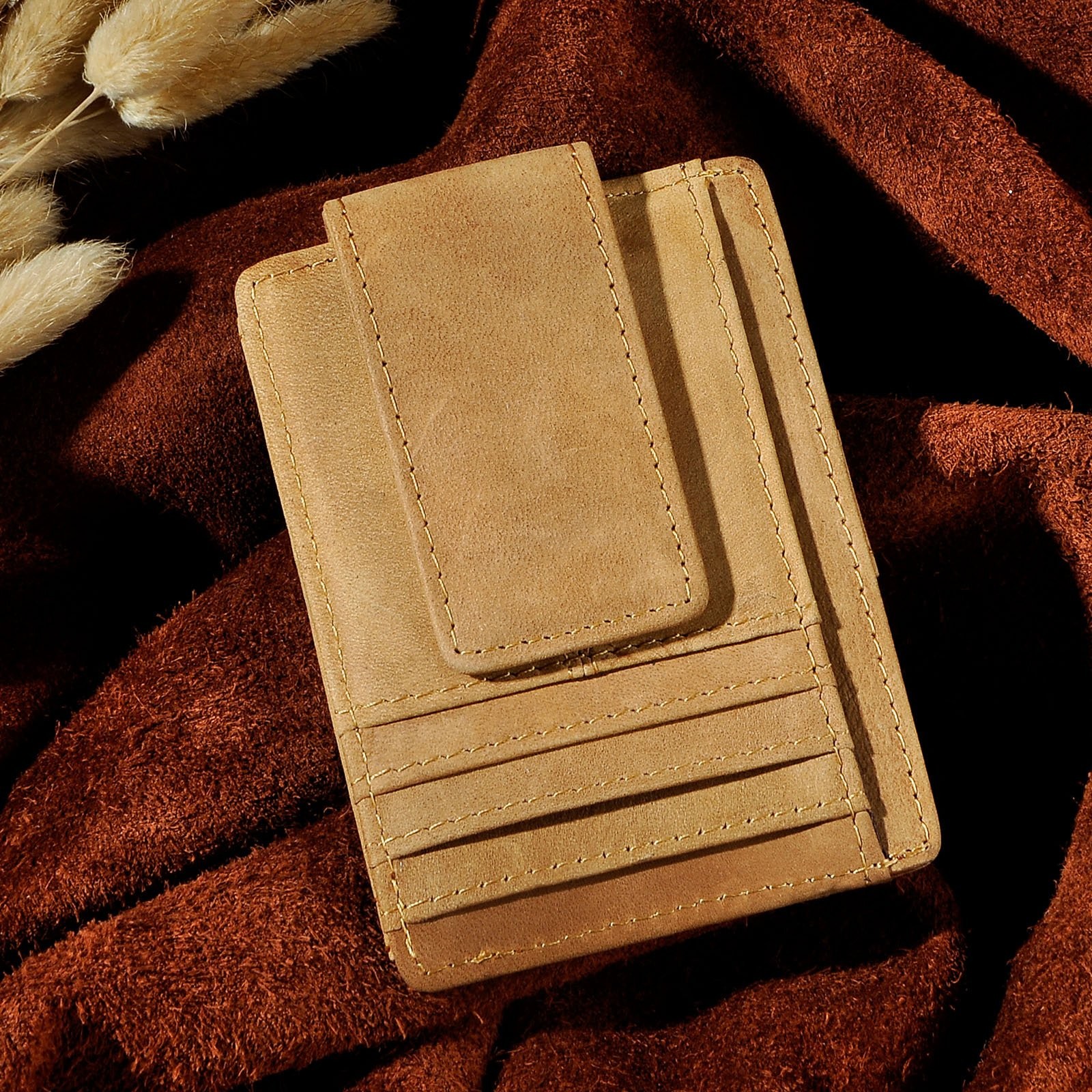 Le’aokuu Mens Genuine Leather Cowhide Magnet Money Clip Credit Case Case Holder