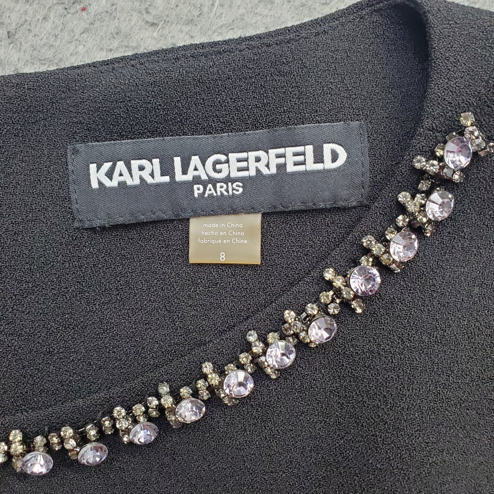 Karl Lagerfeld Paris Sheath Dress Women 8 Black Beaded Neck Bell-Sleeve Back Zip