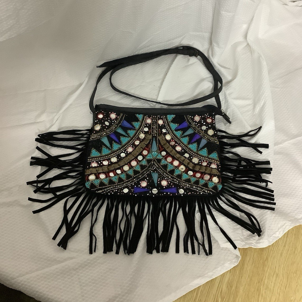 Black/Multicolor Geometric Crossbody Bag Beaded Fringe Zip