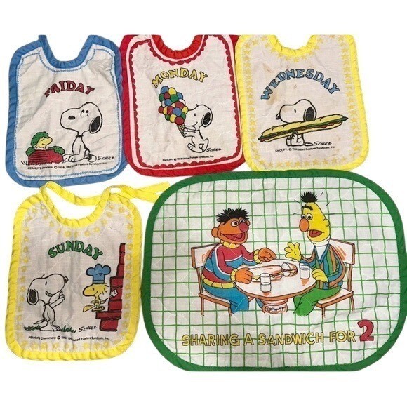 Vintage 60s Snoopy Days Of The Week Bibs & Sesame Street Place Mat