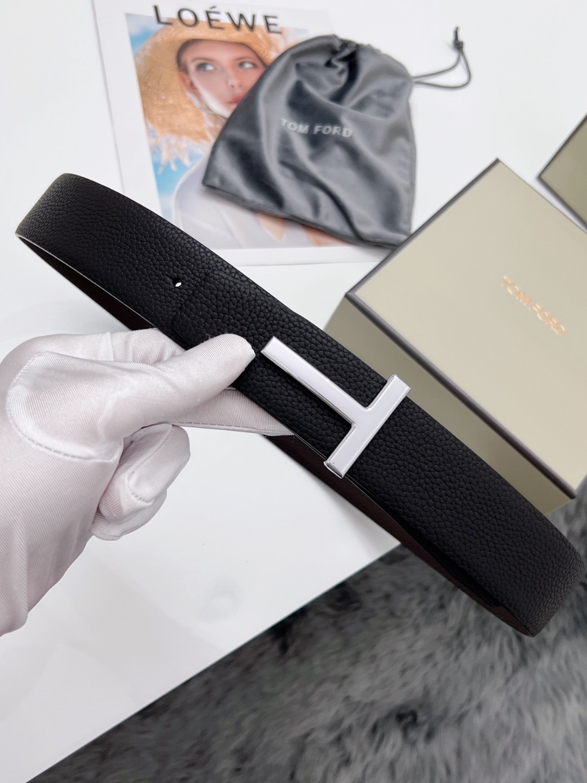 Tom Ford Belt Reversible Silvery T-Buckle, Black /Brown Calfskin Leather