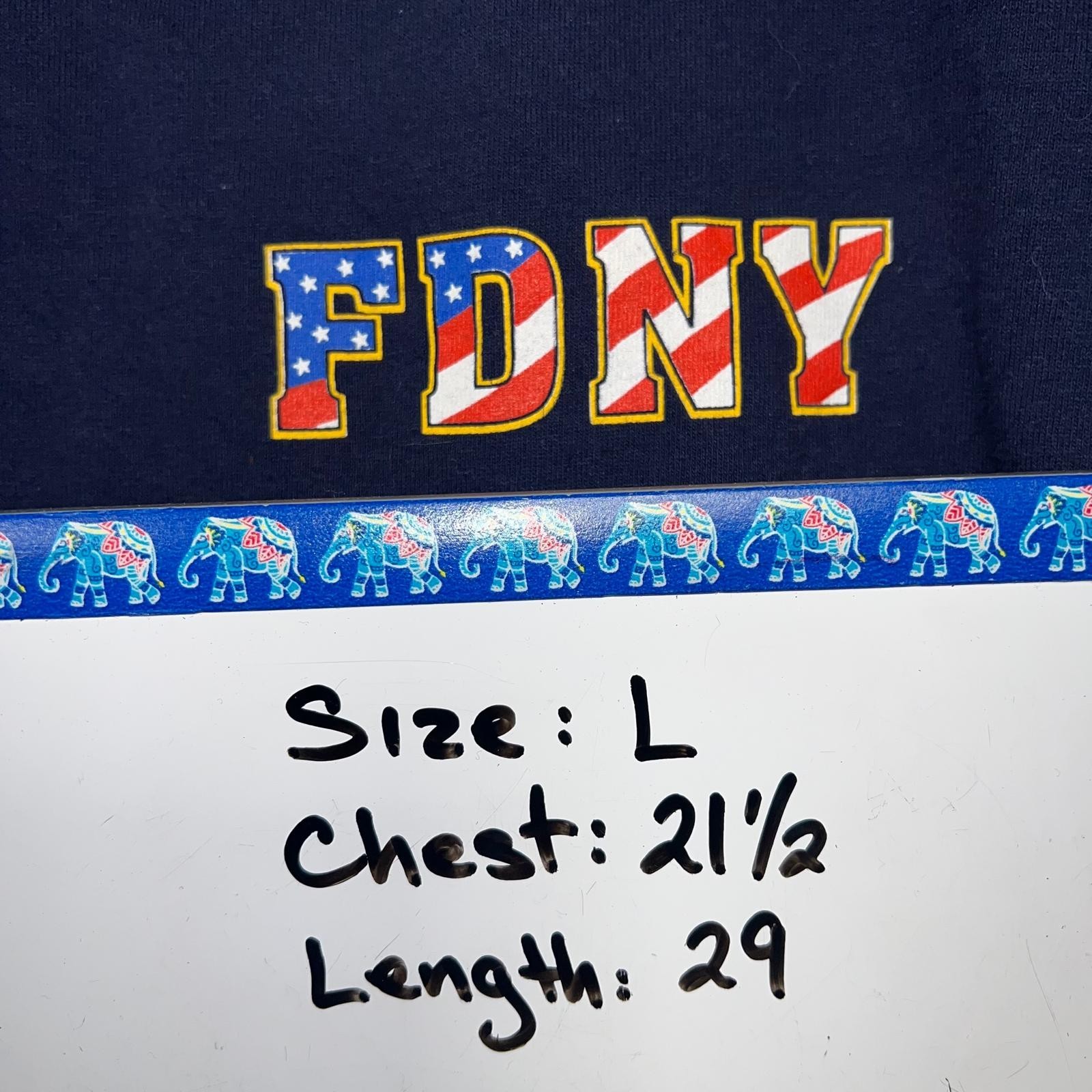 FDNY T Shirt Men’s Sz L Blue Band of Brothers WTC 9/11 Fire Dept NYC 2 Sided Tee