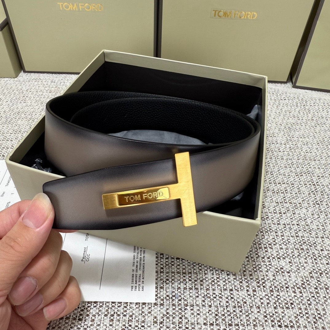 TOM FORD Mens Reversible Brown/Black Leather Insert Buckle Gold T Belt