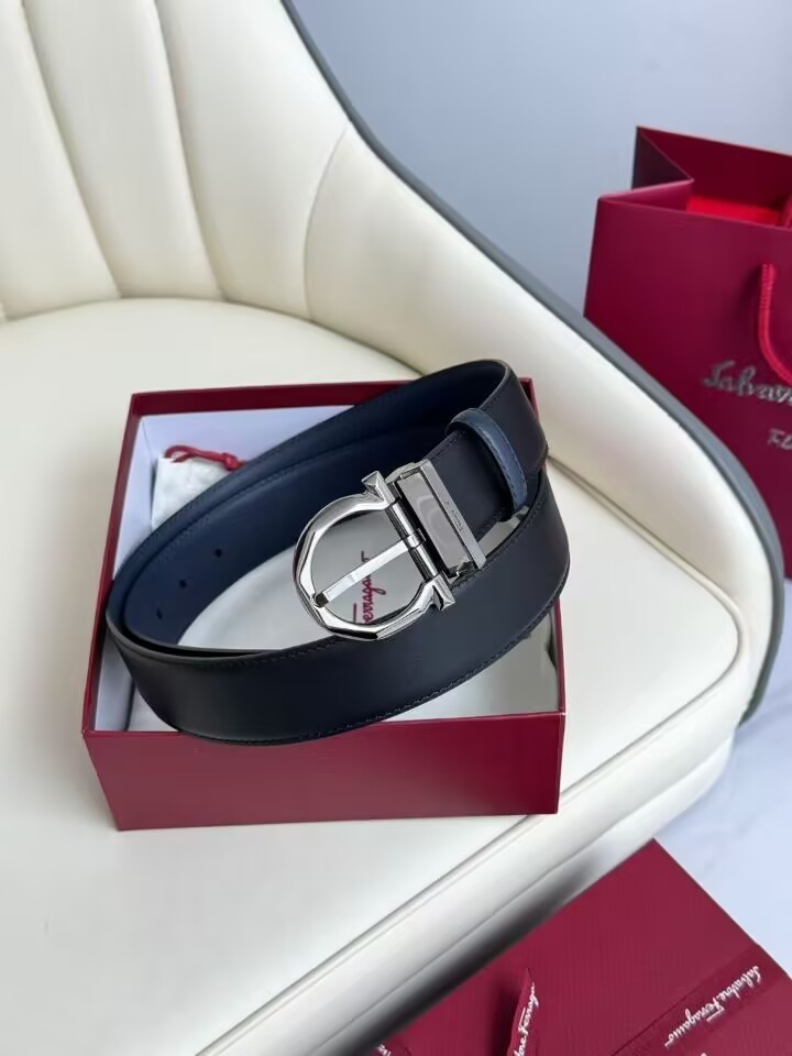 ADJUSTABLE REVERSIBLE DARK BLACK/BLUE SALVATORE FERRAGAMO BELT SILVER BUCKLE