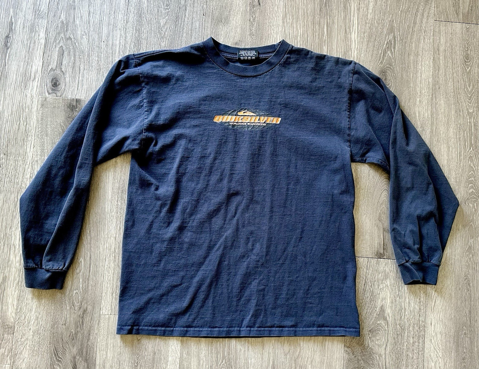 Y2K Quiksilver Mens Blue Worldwide Boardriding Logo Graphic LS Crew Neck Tee M