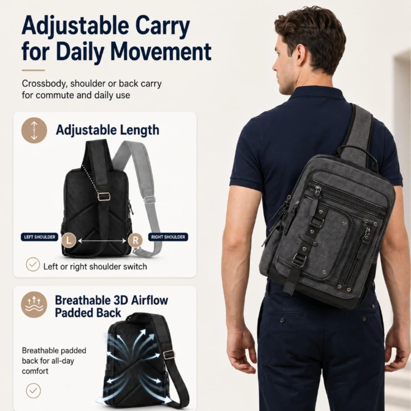 Large Canvas Crossbody Sling Bag for Men – Fits 15.6″ Laptop, Ideal for Work & C