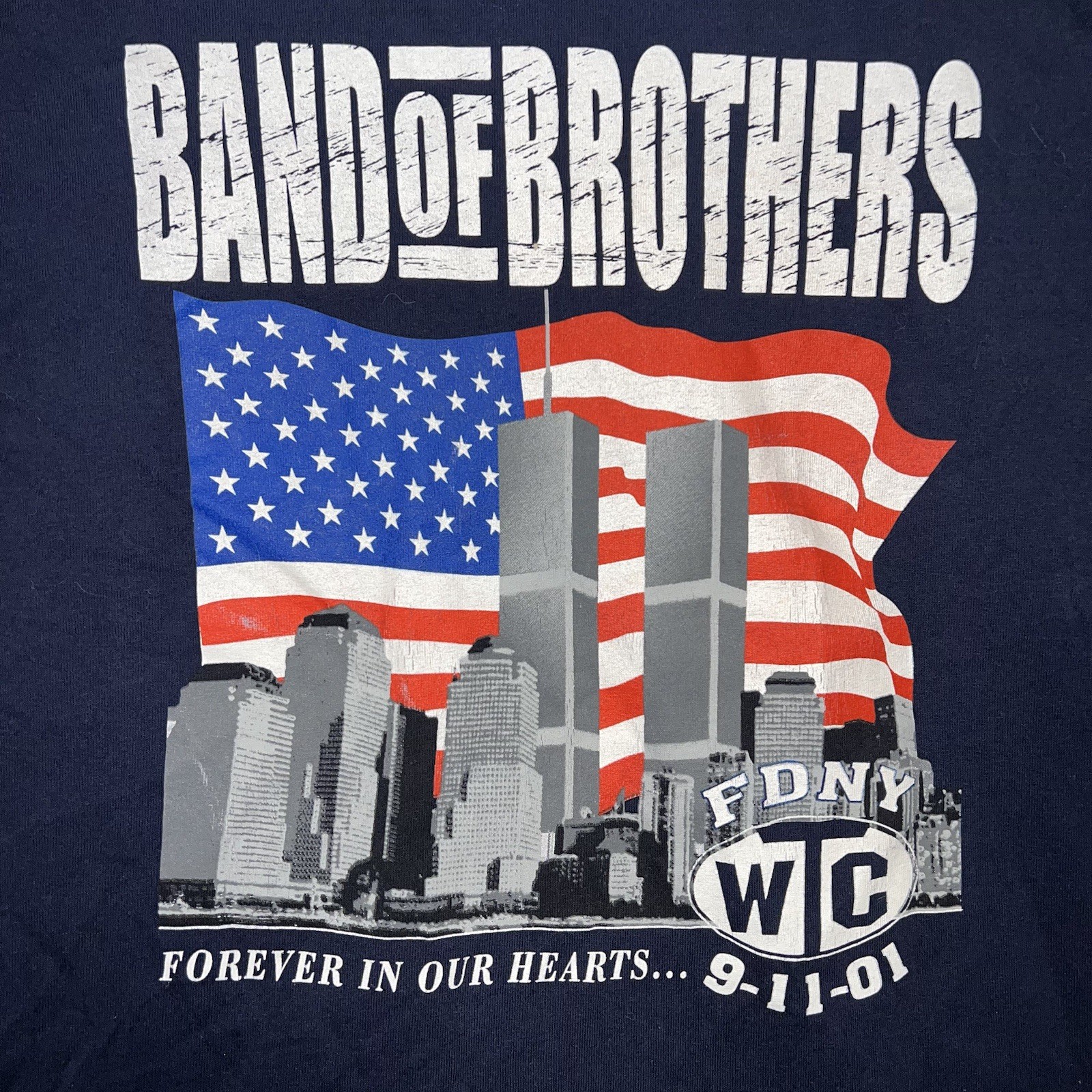 FDNY T Shirt Men’s Sz L Blue Band of Brothers WTC 9/11 Fire Dept NYC 2 Sided Tee