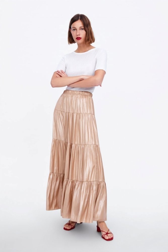 Zara Ruffled/Tiered Maxi Skirt Satin Gold Mink 2935/787 M Boho Flowy Frilly