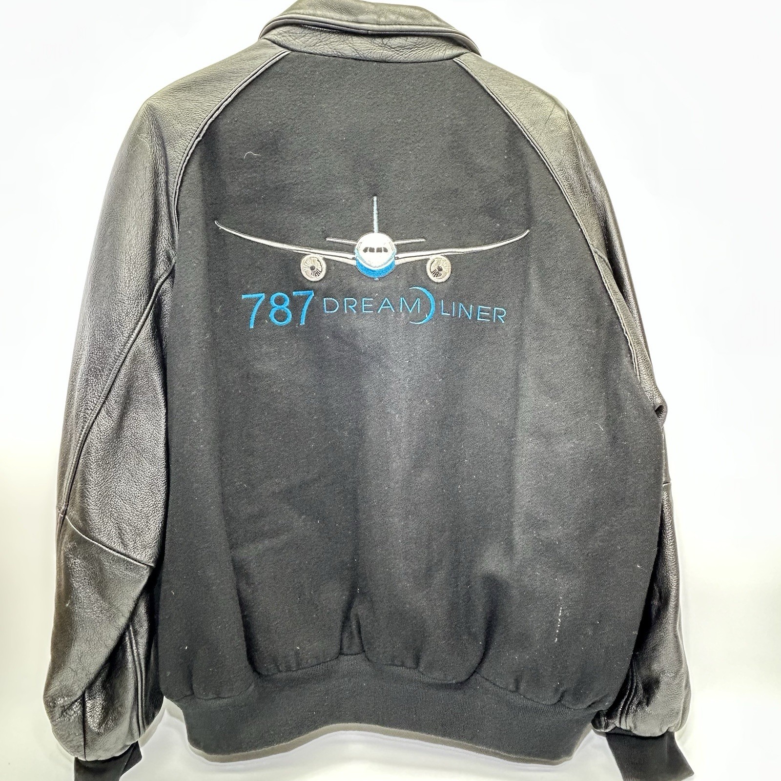 Boeing 787 Dream Liner Leather Shell Jacket Men’s 2XL Black Full Zipper Airplane