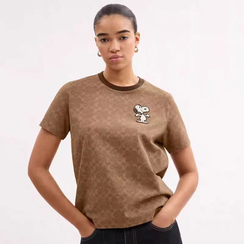 NWT COACH Women’s Unisex Brown full printed Embroidered Snoopy T-shirt COTTON