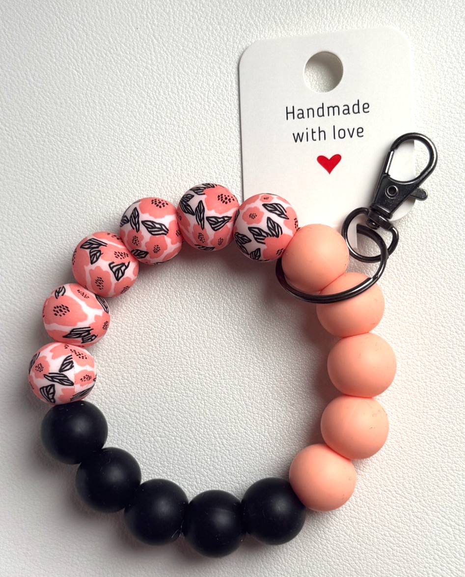Silicone Beaded Keychain Wristlet Bracelet Peach Blossom
