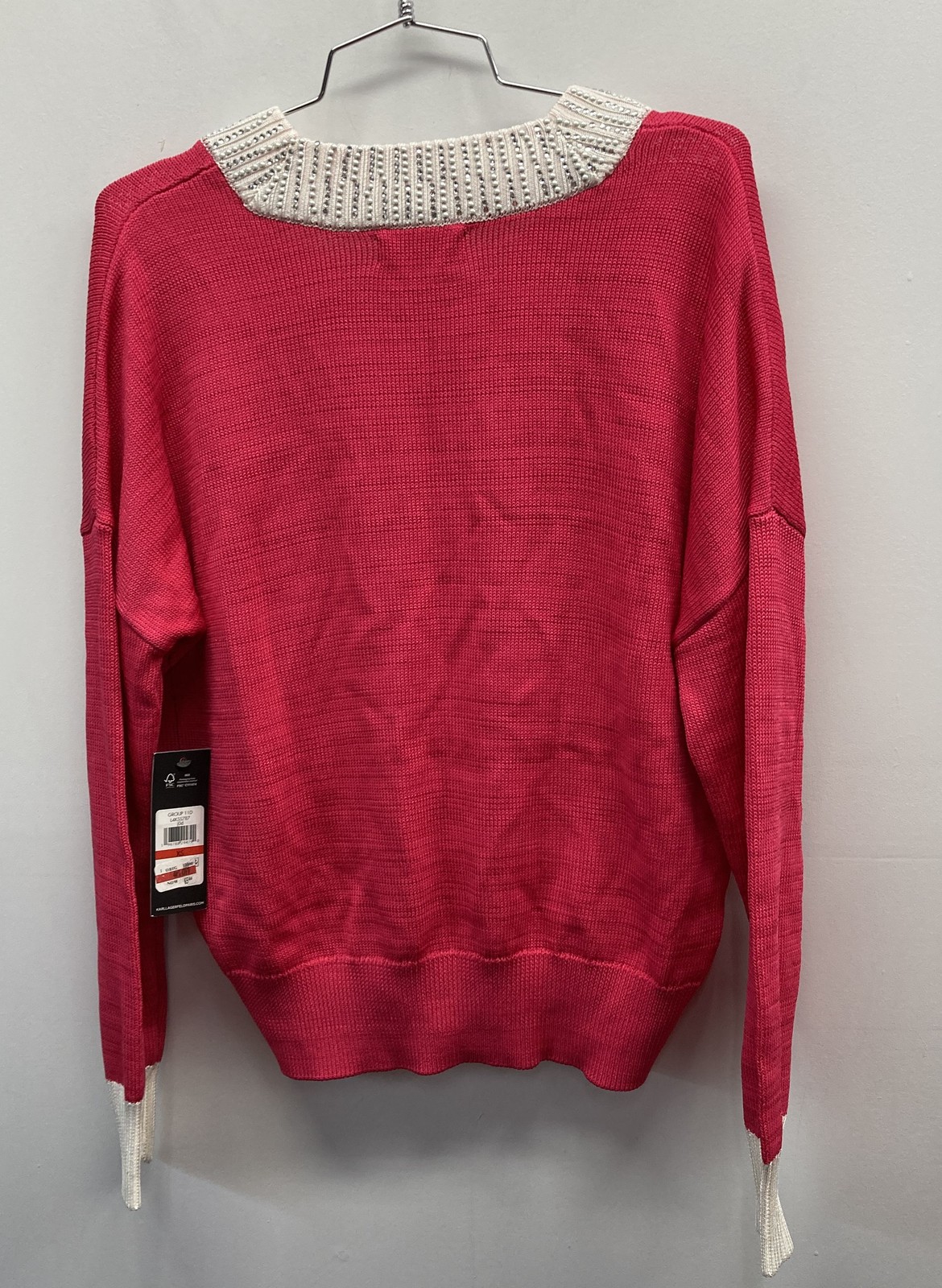 Karl Lagerfeld Womens V-Neck Sweater Red L4KSS787 Pearl Rhinestone XS NWT COA