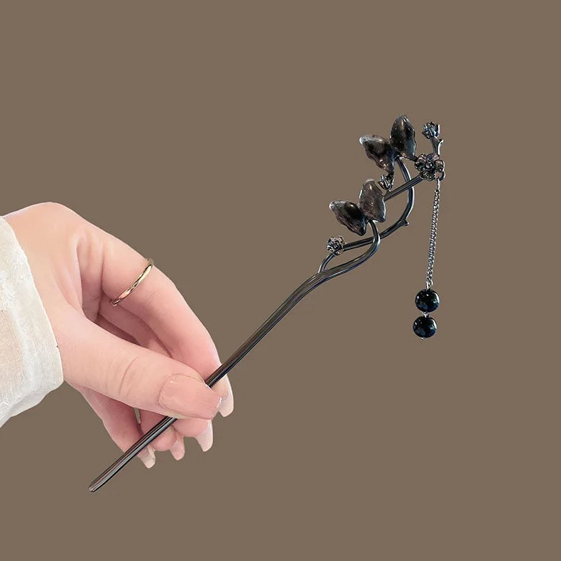 1 pc Women’s Tassel Hair Stick Black Beads Fringe Hanfu Hairpin