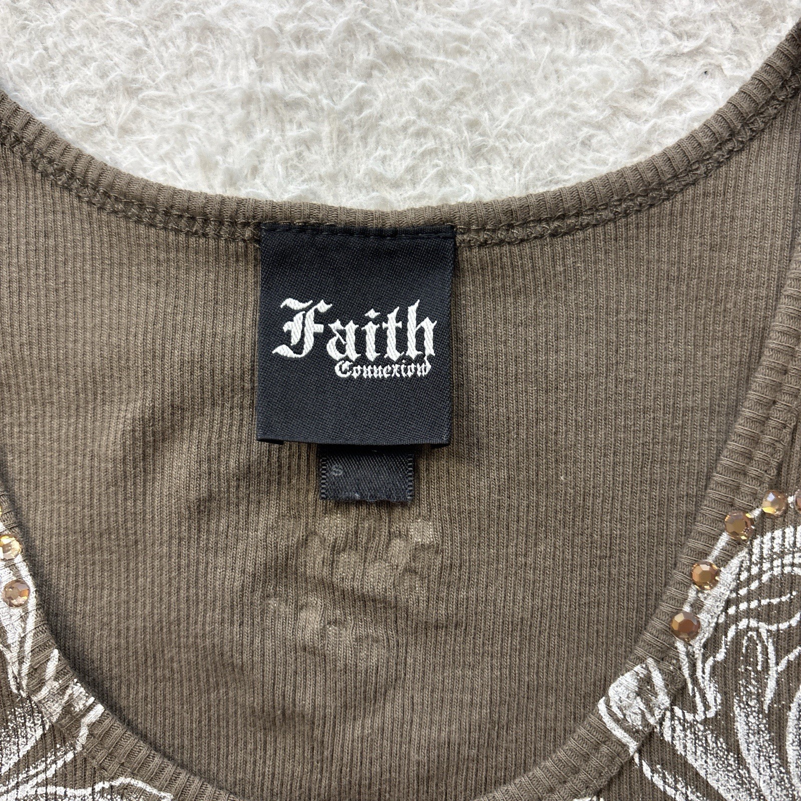 Y2K Faith Cross Tattoo Print Tank Top Rhinestone 00s khaki