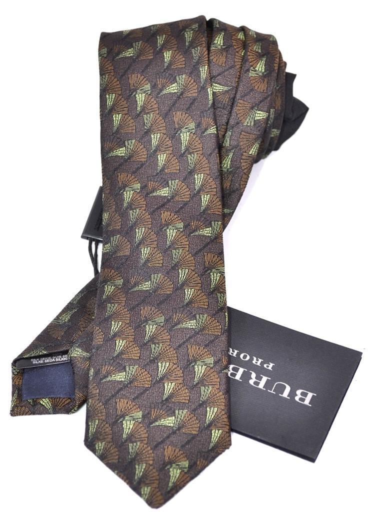 NEW BURBERRY PRORSUM $175 MID BROWN SILK FAN PATTERN SKINNY NECK TIE~ITALY