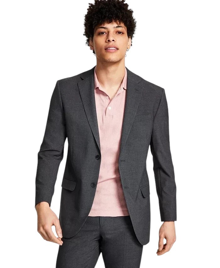 Dkny Mens Modern fit 2 Piece Suit 43 R / 36 Waist Charcoal Grey Solid Stretch