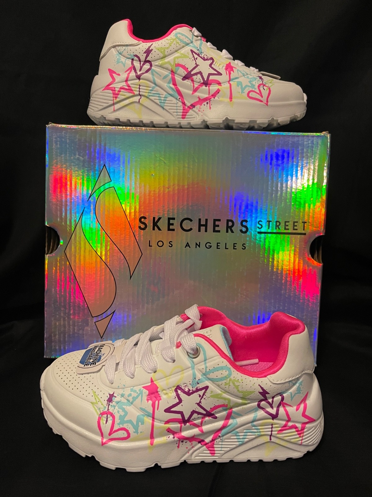 Girls Skechers LA St Uno Lite My Drip sneaker 11 12 13 3 neon graffiti print $60