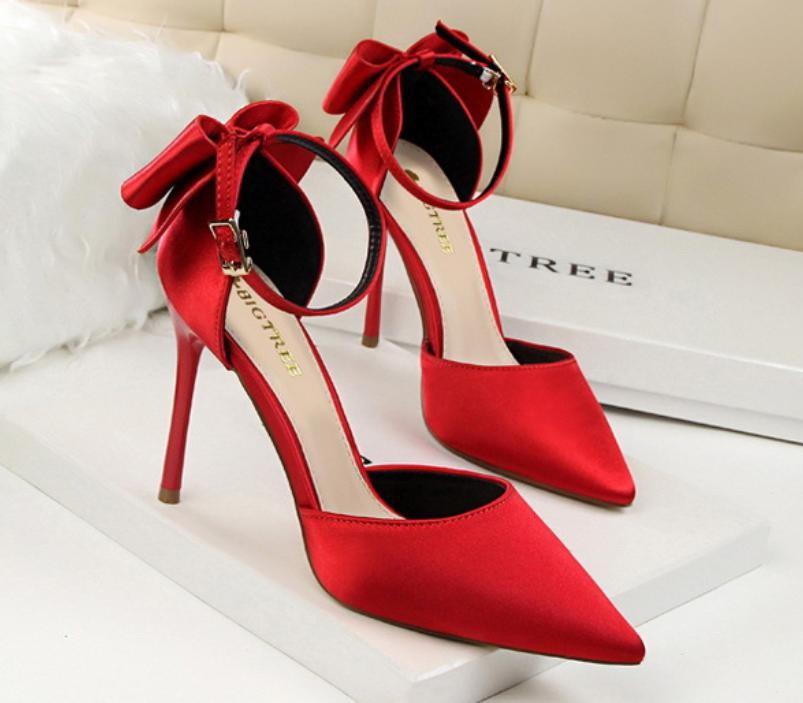 Chic Womens Faux Satin Sandals Bowknot High Heels Pointed Toe Casual Dress Shoes