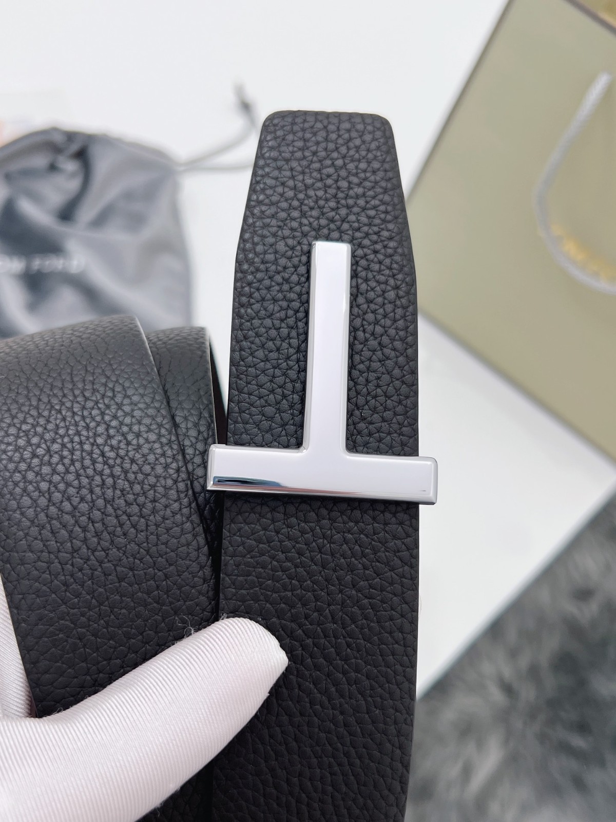 Tom Ford Belt Reversible Silvery T-Buckle, Black /Brown Calfskin Leather
