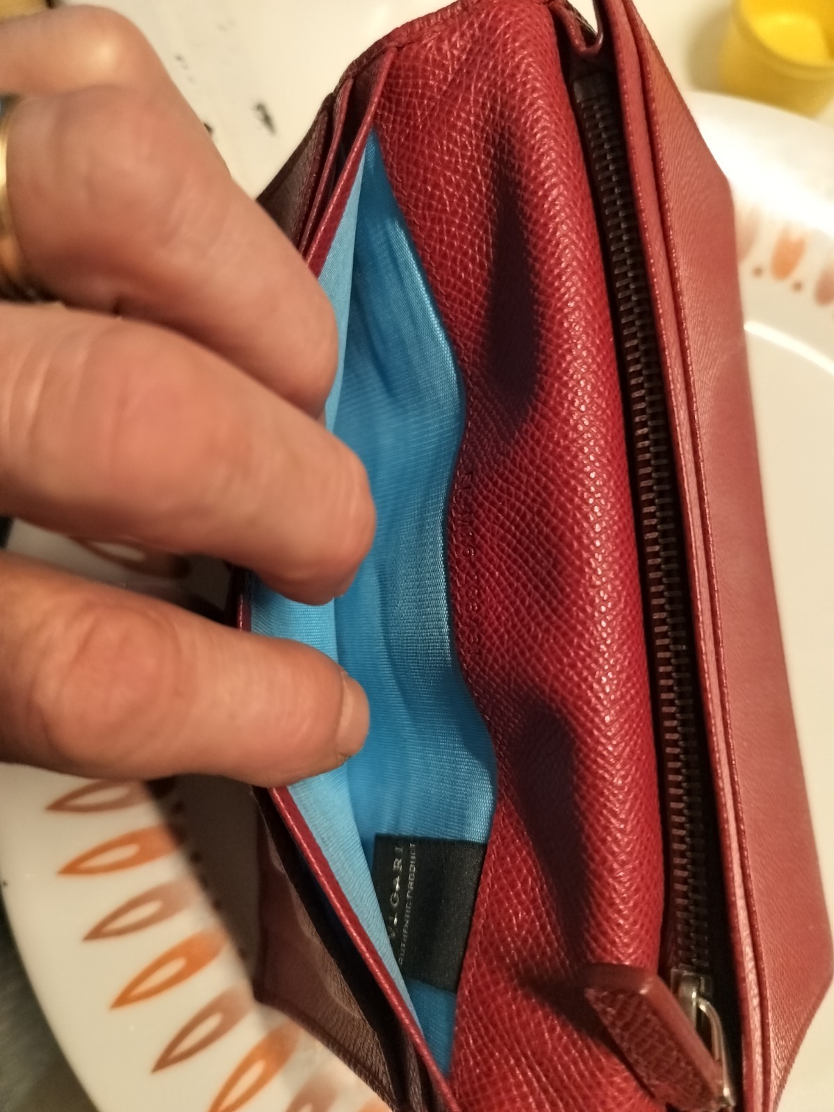 BVLGARI Red Leather Authentic Circle Logo Bi-fold Long Wallet W18×H11cm/4″X7″