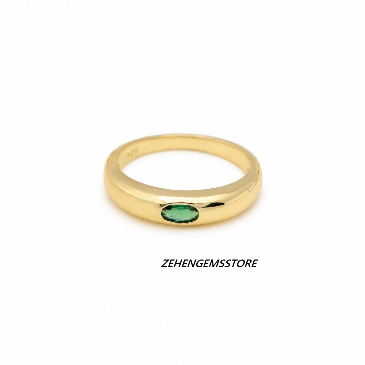 Lab Created Emerald Ring 925 Sterling Silver Gold Plated Oval Band Ring