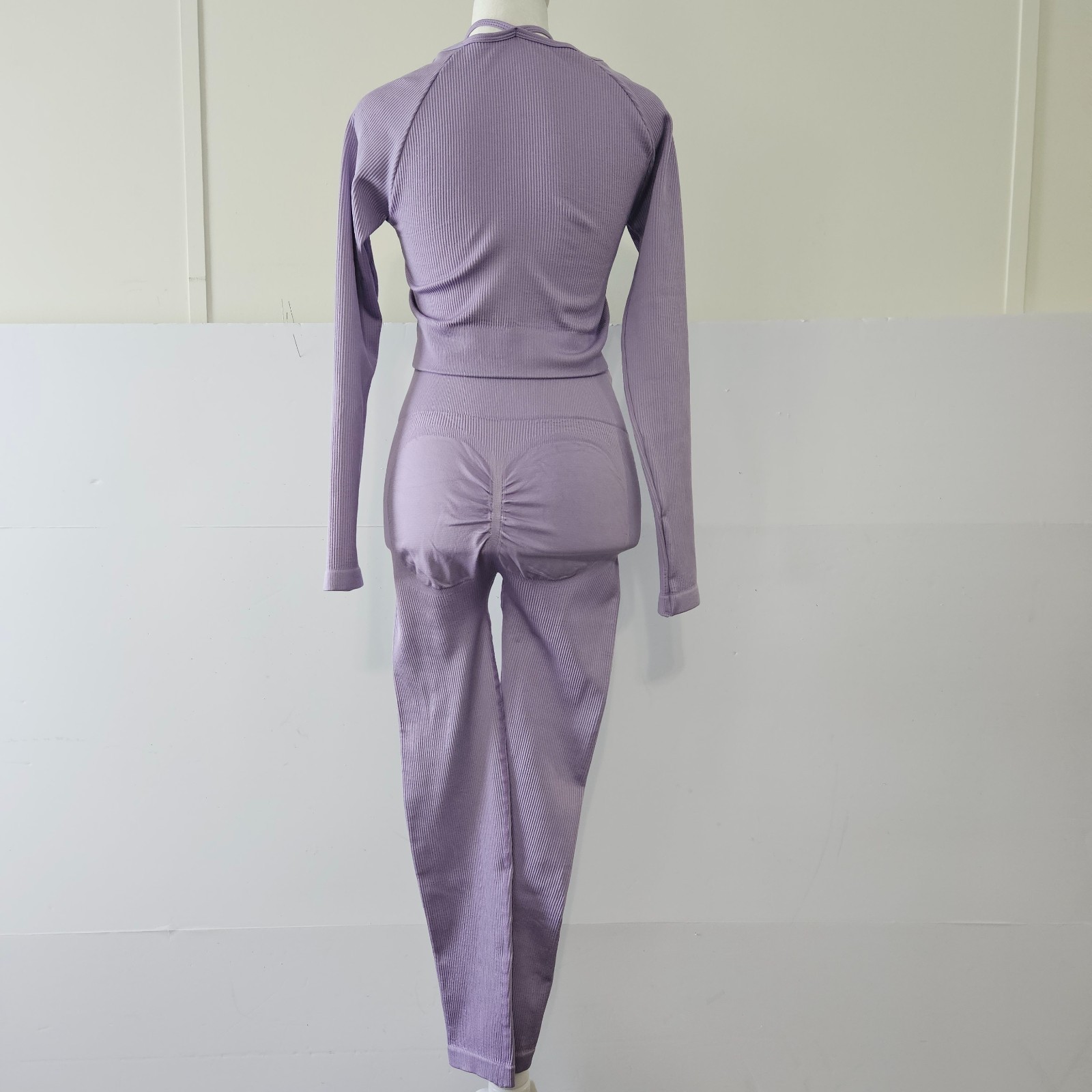 2-Piece Spandex Size OS Light Purple Ribbed Long-Sleeved Crop Top and Matching L