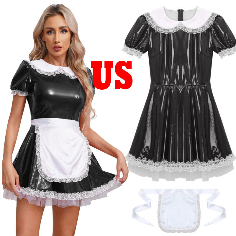 Women’s Wet Look PVC Leather French Maid Cosplay Costume Mini Tulle Dress Apron