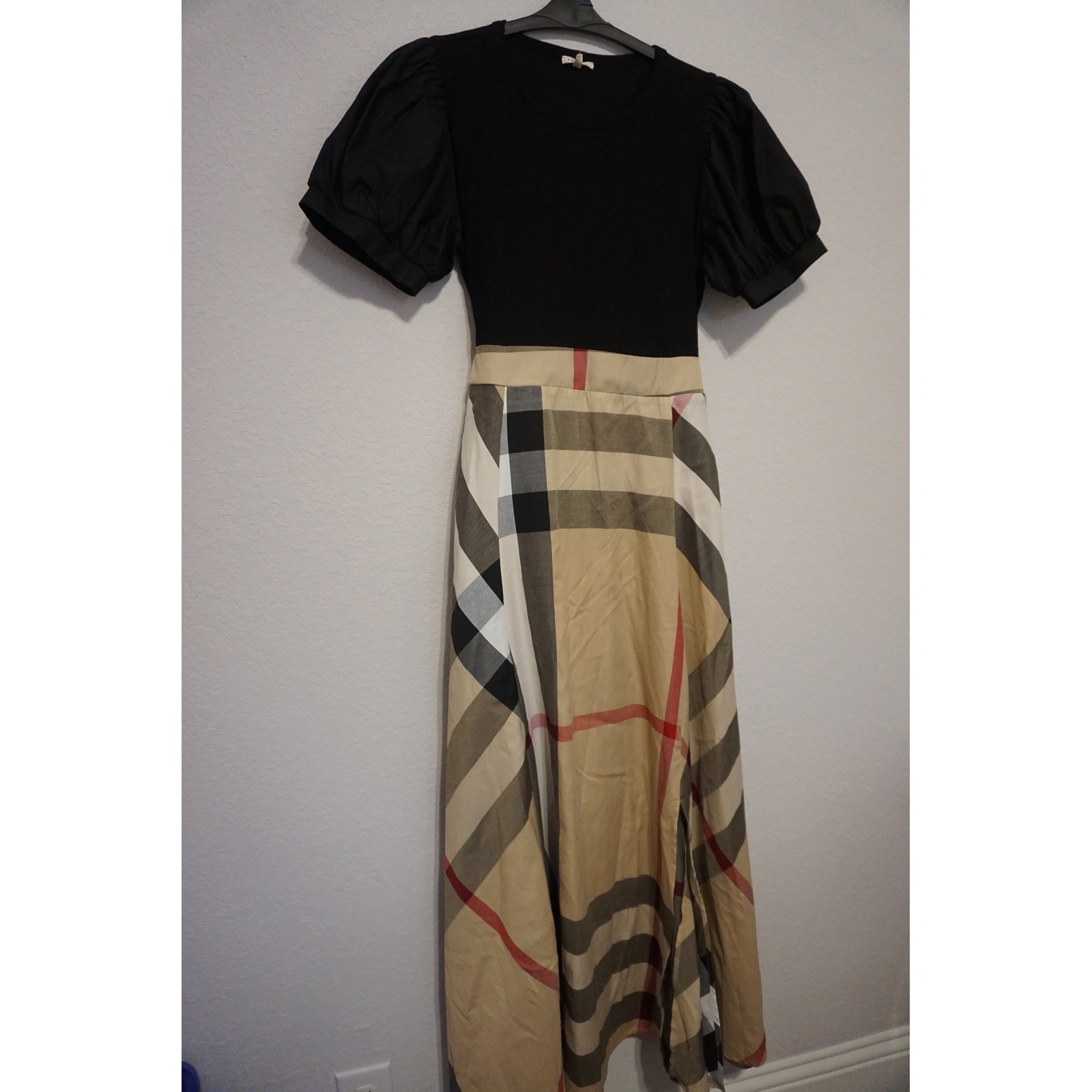 Jodifl Black Puff Sleeve Plaid Skirt Maxi Dress Large LB1.C1082