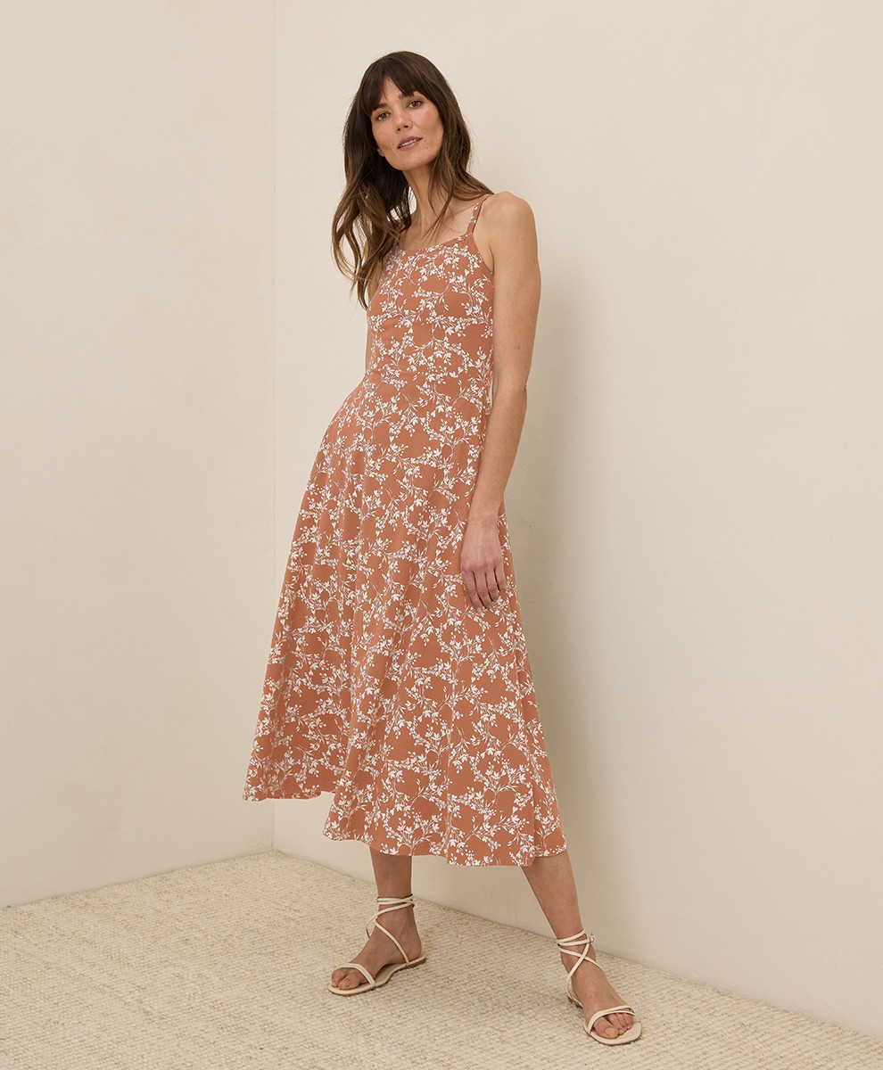 Pact Women’s Fit & Flare Midi Dress Large Short Bouquet Blooms Ochre