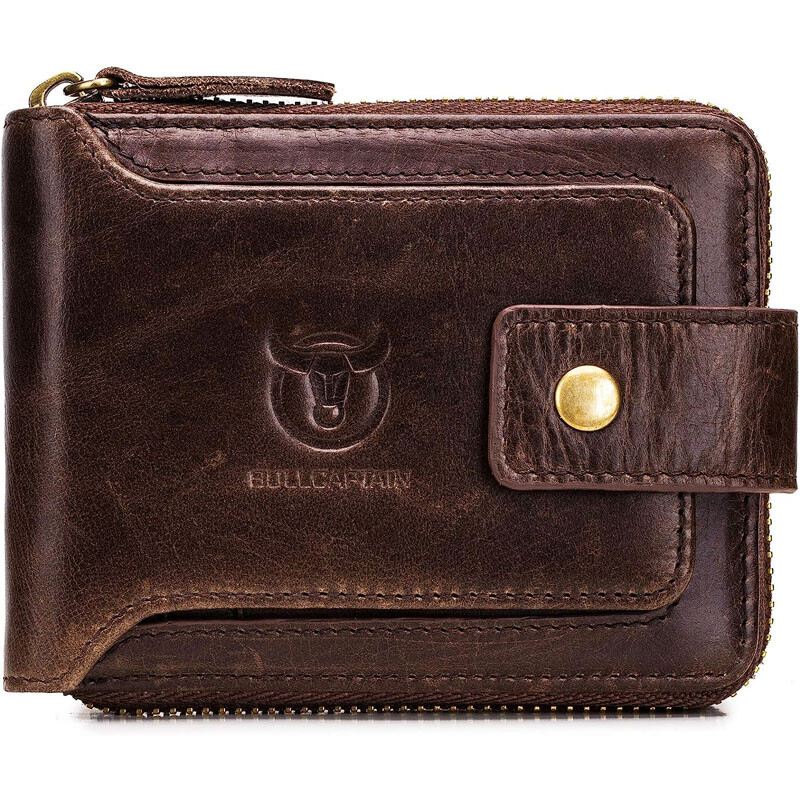 Mens Genuine Leather Zipper Wallet RFID Blocking Bifold Zip Around Card Holder A